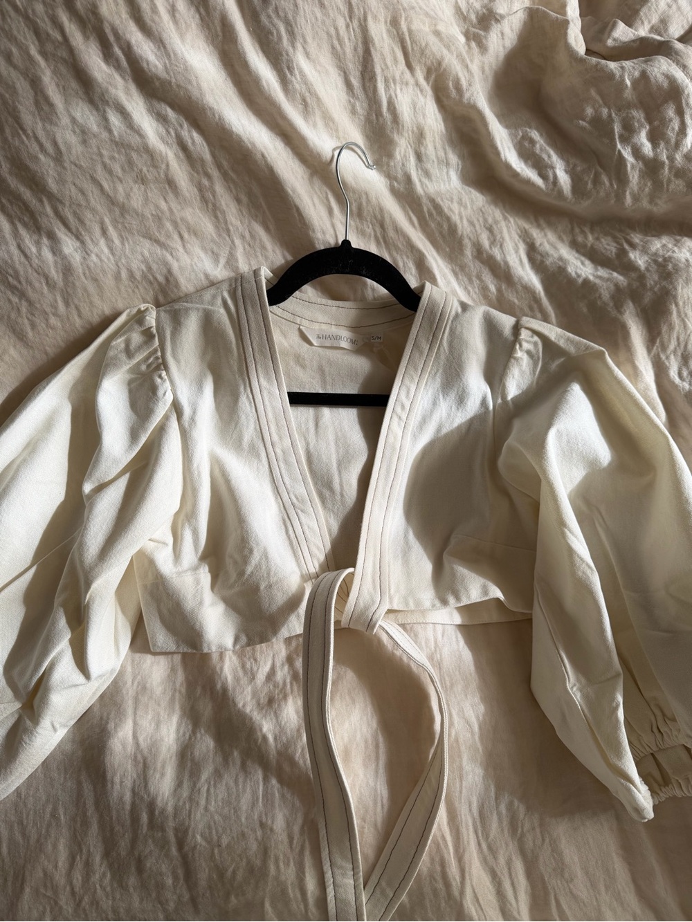 Cream Wrap Crop Top with Puff Sleeves and Tie Detail